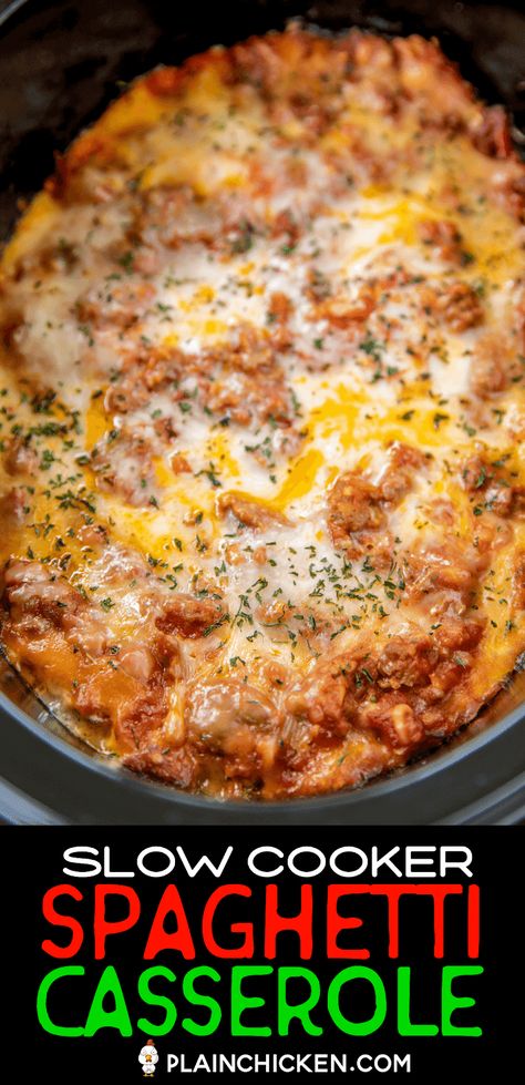 Slow Cooker Spaghetti Casserole - so easy to make with only 8 ingredients! No need to precook the pasta! It cooks right in the crockpot!! This is on repeat in our house! Ground round, Italian sausage, spaghetti noodles, spaghetti sauce, diced tomatoes, Italian seasoning, cheddar cheese, and parmesan cheese. Ready to eat in 4 hours. All you need is a quick salad and some crusty bread and dinner is done! #slowcooker #crockpot #spaghetti #casserole #spaghetticasserole #groundbeef #sausage Italian Sausage Spaghetti, Slow Cooker Pasta Recipes, Crockpot Pasta, Slow Cooker Spaghetti, Sauce Spaghetti, Sausage Spaghetti, Crockpot Casserole, Easy Crockpot Dinners, Slow Cooker Pasta