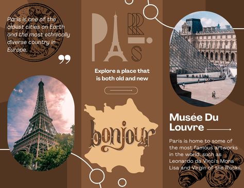 Paris Travel Brochure, Travel Broucher Ideas Design, Leaflet Design Ideas For School Project, Diy Travel Brochure, Diy Brochure Ideas, Travelogue Ideas Layout, Paris Brochure, Travel Brochure Ideas, Travel Brochure School Project