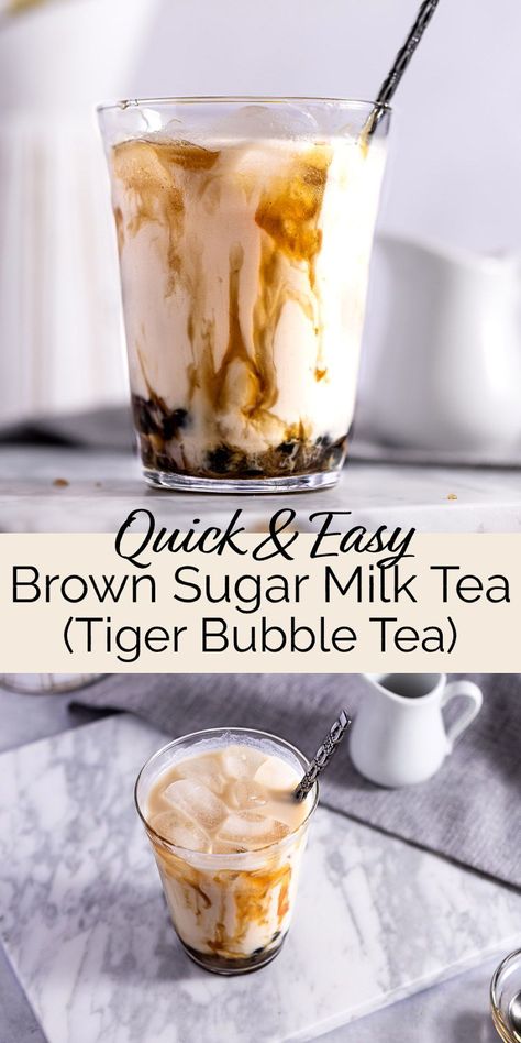 This brown sugar milk tea (tiger milk tea or tiger bubble tea) is easy to make with just a few ingredients at home. Not only does this bubble tea taste delicious, but it also looks amazing! Tiger Bubble Tea, Tiger Milk Tea Recipe, Easy Milk Tea Recipe, How To Make Brown Sugar Milk Tea, Honey Milk Tea Recipe, Brown Sugar Syrup For Boba, Oolong Milk Tea Recipe, Iced Milk Tea Recipe, Milk Tea Recipe No Boba