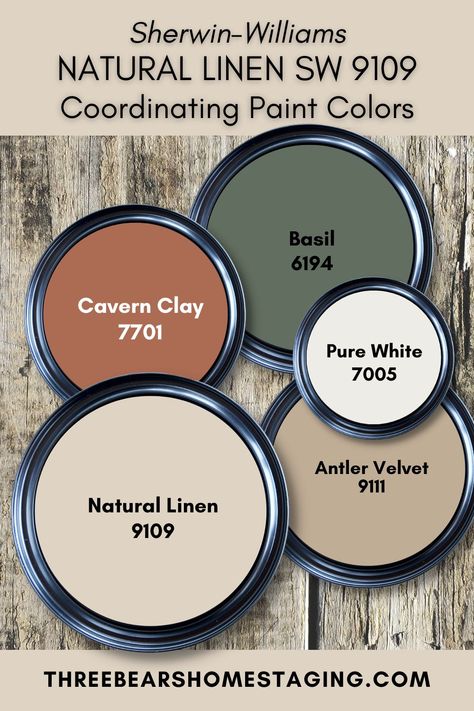 Paint Color Review: Sherwin-Williams Natural Linen 9109 | Three Bears Home Staging® Farmhouse Green Color Palette, Farmhouse Style Color Palette, Green Farmhouse Laundry Room, Farmhouse Paint Pallet, Sherwin Williams Natural Linen Color Palettes, Oakmoss Color Palette, Natural Choice Coordinating Colors, Farmhouse Paint Exterior, French Countryside Color Palette