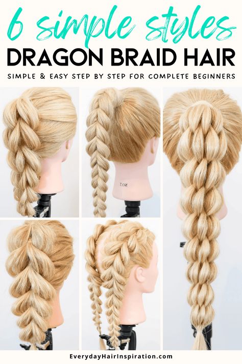 Learn how to do 6 beautiful dragon braid hairstyles step by step for beginners! Fake dutch braids perfect for summer! Dragon Braid Hairstyles, Beginner Hairstyles, Easy Braids For Beginners, Hairstyles For Beginners, Braids For Beginners, Dragon Braid, Fancy Ponytail, Braiding Hairstyles, Braiding Your Own Hair