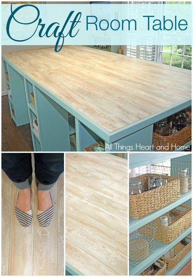 DIY Craft Room Table made into a kitchen island! Countertops out of laminate flooring or hard wood floorig?! Craft Room Table, Craft Tables With Storage, Craft Room Tables, Craft Table Diy, Craft Sewing Room, Sewing Craft Room, Dream Craft Room, Craft Room Design, Sewing Room Organization