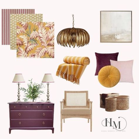 Hazel Morris Interiors on Instagram: "No blue Mondays here, it’s all about Mustard, aubergine and pink 😍 I can’t get enough of this colour combination. I hope your Monday hasn’t been too blue! #interiors#interiordesign #moodboard#bedroomdesign #bedroominspo #bedroomdecor #houseofhackney #wallpaper#concept#interiordesigner#moderndesign#bedroomstyle#tring#berkhamsted #chesham#wendover#home#homedesign#homestyle #homedecor#airbnbdesign #airbnbdecor #decor" Blush Living Room Ideas, Interiordesign Moodboard, Blush Living Room, Blue Interiors, Colour Combination, Living Room Ideas, Bedroom Inspo, Color Combinations, Mood Board