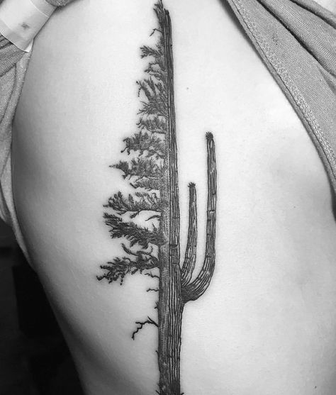 Cactus pine tree hybrid tattoo Tree Tattoo Wrist, Hybrid Tattoo, Tattoo Cactus, Desert Tattoo, Scenery Tattoo, Arizona Tattoo, Tattoo Tree, Cactus Tattoo, Pine Tree Tattoo