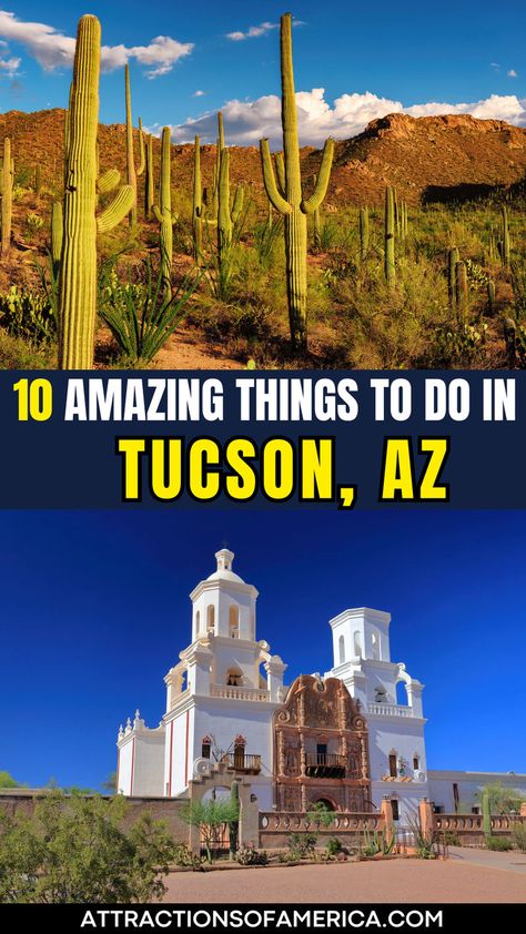 Image of Mission San Xavier del Bac and Saguaro National Park with text overlay reading 10 amazing things to do in Tucson, AZ. Arizona Aesthetic, Sonora Desert, Arizona Trip, Saguaro National Park, Where To Next, Arizona Travel, Red Rocks, Tucson Arizona, The Grand Canyon