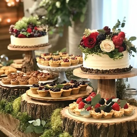 Pies Wedding Display, Outdoor Wedding Desserts, Wedding Snack Bar Ideas Simple, Non Traditional Wedding Desserts, Rustic Cakes Wedding, Desserts For Wedding Dessert Table, Costco Dessert Table, Rustic Wedding Decor Receptions, Winter Wedding Desserts