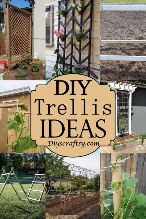 33 Easy DIY Trellis Ideas - DIYS Craftsy Trellis Diy Cheap, Diy Trellis For Wisteria, Diy Flower Trellis Ideas, Square Trellis Ideas, Macrame Trellis Diy, Diy Climbing Plant Arch, Unique Trellis Ideas Climbing, Making A Trellis Diy, Upcycled Trellis Ideas