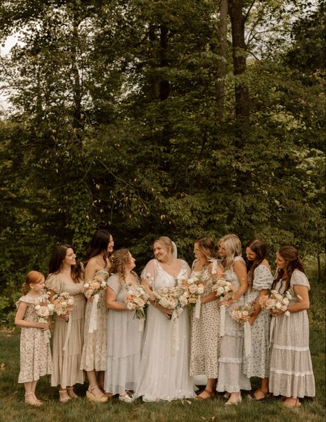 Mismatched Midi Bridesmaid Dresses, Mismatched Earthy Bridesmaid Dresses, Vintage Wedding Bridesmaids, Floral Bridesmaid Dresses Fall, Mismatch Bridesmaids Dresses, Casual Bridesmaid Dresses Mismatched, Farm Wedding Bridesmaid Dresses, Bridesmaid Dresses Wildflowers, Muted Bridesmaid Dresses