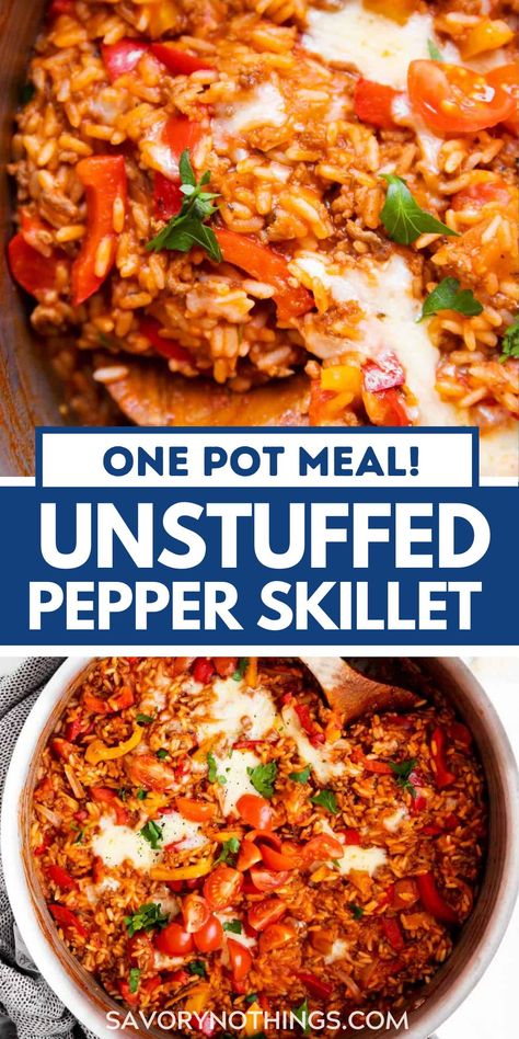 Try this Unstuffed Pepper Skillet if you need a simple dinner for tonight! Made with rice, ground beef and peppers, this meal cooks in a single skillet for easy prep and a quick cleanup. | #onepotmeals #onepot #groundbeefrecipes #dinner #easyrecipes Ground Beef Recipes With Peppers, Beef And Peppers Over Rice, Pepper Ground Beef Recipes, One Pot Unstuffed Peppers, One Pot Unstuffed Pepper Skillet, Meals With Peppers And Onions, Unstuffed Green Peppers, Unstuffed Pepper Skillet Ground Beef, One Pan Stuffed Pepper Skillet