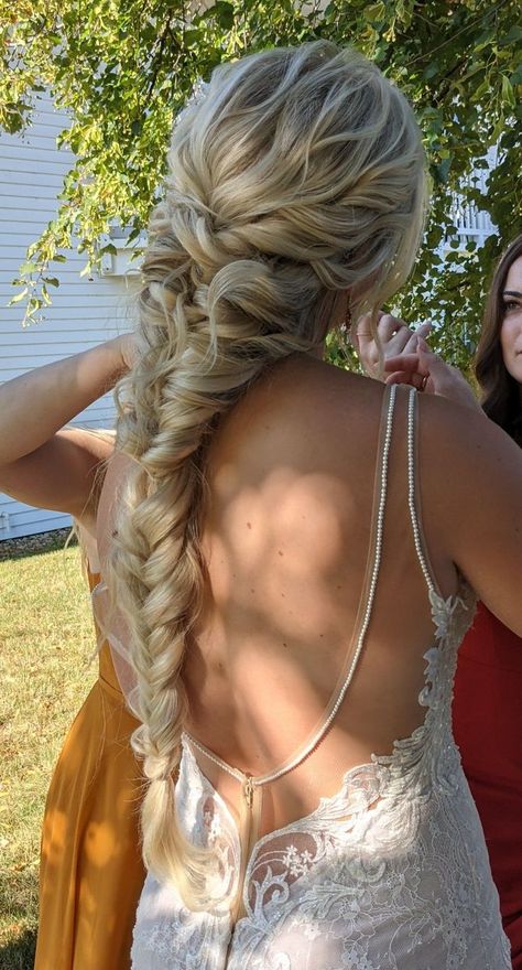 One Braid Wedding Hair, Long Braided Hairstyles Wedding, Braid For Homecoming, Grad Hairstyles Braid, Long Side Braid Wedding, Long Braided Wedding Hairstyles, Long Braid Prom Hair, Braid Hoco Hairstyle, Prom Hairstyle Braid