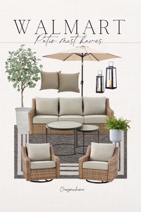 Deck Outdoor Furniture, Most Durable Outdoor Furniture, Porch Layout Ideas Furniture, Small Back Deck Furniture, Patio Furniture Layout Small Space, Outdoor Rug And Pillow Ideas, Patio Must Haves Backyards, Preppy Patio Outdoor Spaces, Small Patio Sectional Ideas