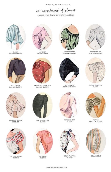 Who knew there were so many different types of sleeves a garment could have! Here is a quick reference guide to 16 different types of sleeves often found with vintage dresses and blouses. Types Of Short Sleeves, Sleeves For Dresses, Different Types Of Sleeves, Fashion Design Inspiration, Types Of Shorts, Tuck Dress, Dresses By Pattern, Clothing Guide, Fashion Dictionary