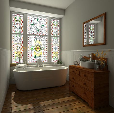 Stained Glass Shower Window, Bathroom With Stained Glass Window, Shower With Stained Glass Window, Stained Glass Windows In Bathroom, Stained Glass Windows Apartment, Stained Glass Window In House, Fake Window In Bathroom, Stained Glass Window Home, Stained Glass In Bathroom