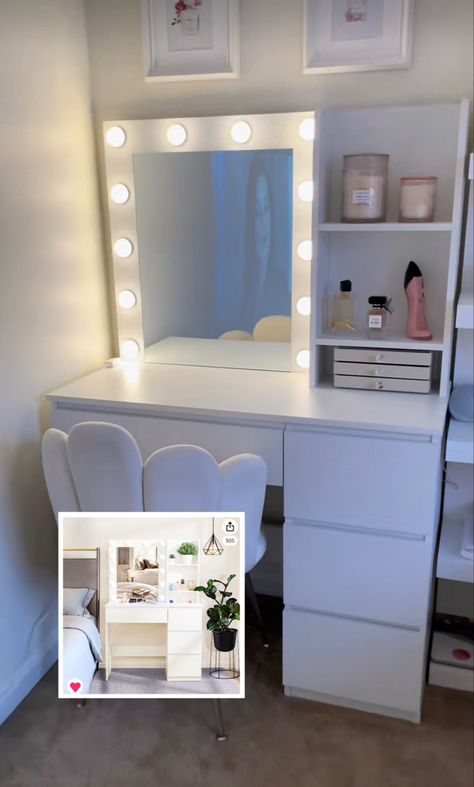 Makeup, room, rooom decor, decor, forniture, white room, elegant, desk, makeup vanity, woman, it girl Cute Small Vanity Ideas, Vanity Simple Ideas, Small Room Makeup Vanity, Vanity Ideas Bedroom Small Room, Teen Makeup Desk, Vanity Ideas Bedroom Cheap, Vanity Ideas Bedroom Small Simple, Small Room With Vanity Ideas, Small Vanity Bedroom