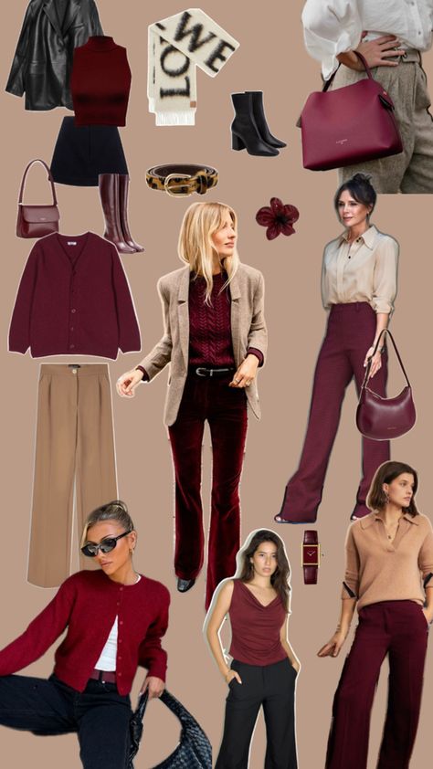 Burgundy dark red outfit inspiration autumn trend pantalon knitwear blazer School Office Outfits, Burgundy Trousers Outfit, Red Outfit Inspiration, Dark Red Outfit, Red Outfit Casual, Burgundy Pants Outfit, Red Blazer Outfit, Korean Fashion Work, Winter Pants Outfit