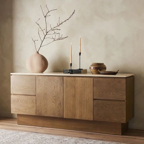 Clean lines and a creamy, travertine top for our Jaylen Sideboard 🤍 Shop all of our Winter Sale favorites, available at #StyleMeGHD.com Round Wood Kitchen Table, Sideboard Styles, Sideboard Decor, Sideboards Living Room, Glass Round Dining Table, Dining Room Sideboard, Kitchen Table Wood, Bedroom Sideboard, Casual Dining Rooms