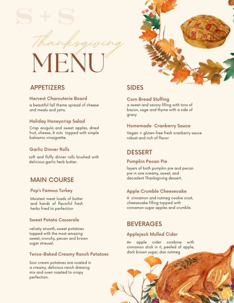 A Fun and Flavorful Thanksgiving Menu Edit – S+S Goods Shop How To Plan A Thanksgiving Dinner, Thanksgiving Menu Small Family, How To Time Thanksgiving Dinner, Thanksgiving For 15 People, Friendsgiving Dinner Menu Ideas, Best Thanksgiving Menu Ideas, Thanksgiving Potluck List, Thanksgiving Menu For Two, Luxury Thanksgiving Dinner