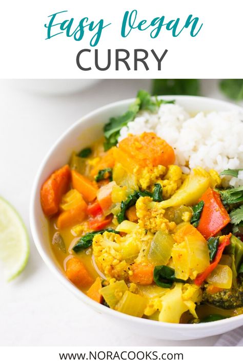 This is the perfect everyday vegan curry recipe. It's loaded with fresh vegetables, sweet potatoes, and coconut milk. Ready in just 30 minutes, it's an easy and super healthy weeknight dinner, and perfect for using up odds and ends. Vegan Curries, Easy Vegan Curry, Quick Vegan Dinner Recipes, Chickpea Flatbread, Nora Cooks, Vegan Receipes, Healthy Weeknight Dinner, Vegan Curry Recipes, Vegan Indian Recipes