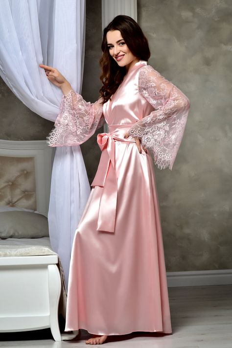 Long Bridal Robe, Bridal Maxi, Bridal Dressing Gown, Satin Dressing Gown, Bridesmaid Kimono, Night Gown Dress, Lace Bridal Robe, Bridal Kimono, Kimono Dressing Gown