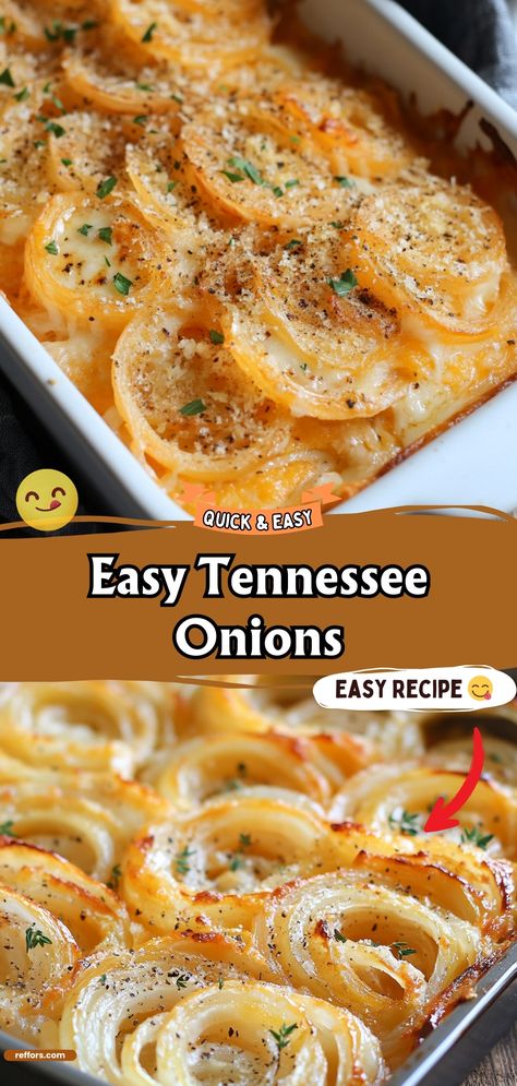 These Easy Tennessee Onions are a sweet and savory treat. Baked until tender with a golden crust, they make a delicious side dish for any meal. #OnionLovers #SouthernCooking #EasySides Roasted Onion Recipes, Tennessean Onions, Tennessee Onion Dip, Baked Pearl Onions, Tennessee Onions 12 Tomatoes, Scalloped Onions Casserole, Onion Casserole Recipes Simple, Tennessee Onions Southern Living, Onion Side Dish Recipes