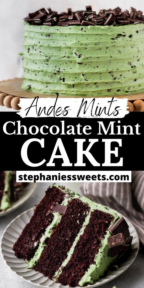 This chocolate mint layered cake is a moist chocolate cake filled with chopped Andes mints. It is topped with a chocolate mint frosting. Mint Chocolate Chip Icing, Chocolate Mint Layer Cake, Chocolate Mint Pound Cake, White Chocolate Mint Cake, Chocolate And Mint Cake, Andes Chocolate Cake, Andes Mint Chocolate Cake, Mint Chocolate Frosting, Dark Chocolate Mint Cake