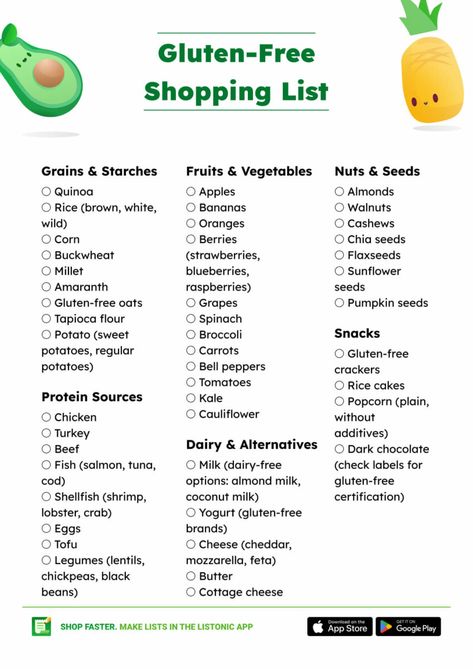 It’s no surprise why going gluten-free is so popular nowadays – it’s not only recommended for people with gluten sensitivity, but also those simply looking for a healthier lifestyle. In this article, you will find everything you need to get started: a gluten-free food list and a convenient shopping list to help you navigate your gluten-free journey with ease. Foods With Gluten List Of, Gluten Free Guide Food Lists, Gluten Free Dairy Free Before And After, Gluten Free Symptoms Signs, Foods To Avoid With Celiac, Gluten Free Infographic, What Are Gluten Free Foods, Gluten Free Ingredients, Gluten Free For Beginners Get Started