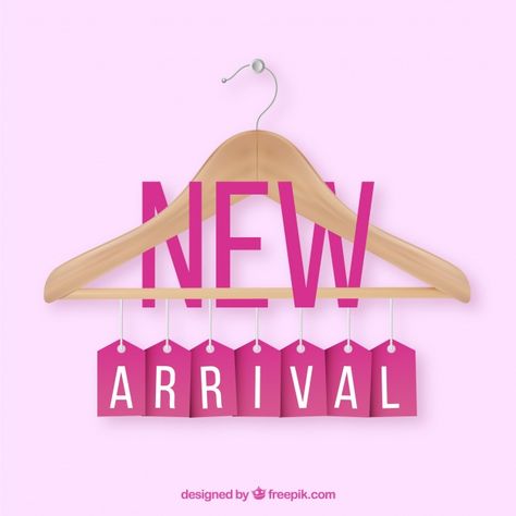 New arrival composition with realistic cloth hanger Free Vector Online Boutique Ideas, Dress Captions, Business Marketing Design, Arrival Poster, Logo Online Shop, Clothing Logo Design, Dress Quotes, Online Shopping Quotes, Cloth Hanger