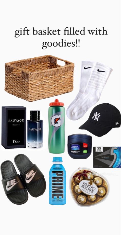 Gift Baskets For Boyfriend Birthday, Cute Baskets To Make Your Boyfriend, Sports Basket For Boyfriend, Gym Bf Gift Basket, Dodgers Gift Basket Ideas, 1 Year Anniversary Gift Basket Ideas For Him, Boys Birthday Basket, Boy Birthday Present Ideas, Nike Gift Basket Ideas For Him