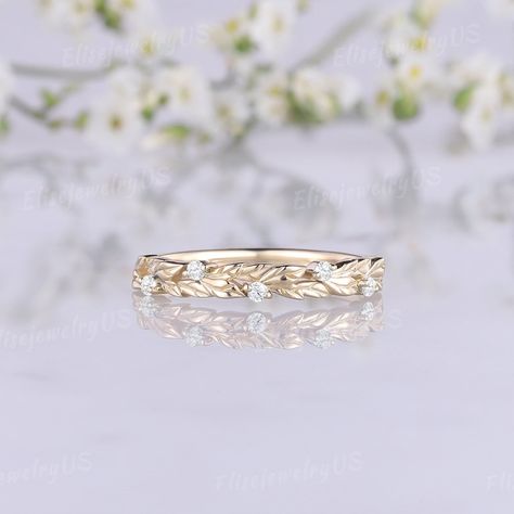 Unique Diamond Wedding Band Unique Leaf Wedding Band Nature Inspired Vintage Wedding Ring Women Gold Rings Promise Anniversary Gift Women - Etsy Wedding Band Female, Wedding Band Designs For Women, Leafy Wedding Band, Rose Gold Wedding Band For Women, Wedding Band Ideas For Women, Simple Wedding Bands For Women, Vine Wedding Band, Wedding Band Stack, Women Wedding Bands