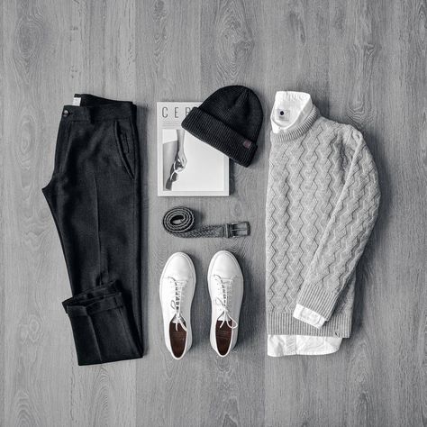 Outfit grid - Grey cable knit sweater Outfit Grid Men, Jogger Outfit, Mens Casual Dress Outfits, Sweater Outfit, Outfit Grid, Smart Casual Outfit, Mens Fashion Casual Outfits, Mens Lifestyle, Instagram Outfits