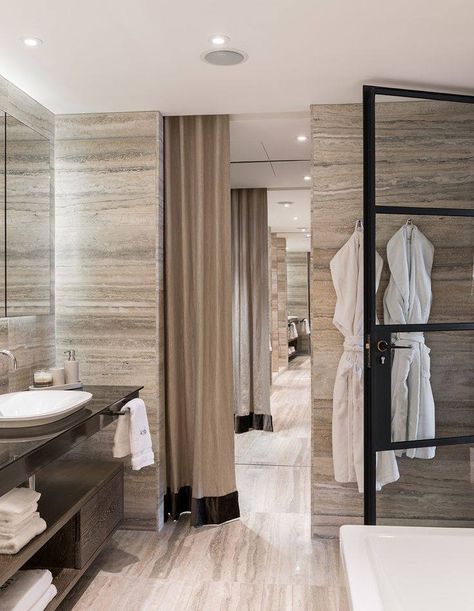 Luxury Contemporary Bathroom With Matching Tiles, Floor and Curtains Travertine Bathroom, Luxe Bathroom, Apartment Walls, Modern Shower Curtains, Bathroom Photos, London Apartment, Modern Shower, Contemporary Bathrooms, Beautiful Bathrooms