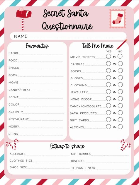 Secret Santa Survey Questions, Gift Giving Questionnaire, Secret Santa Questionnaire For Adults, Family Gift Questionnaire, Christmas Secret Santa List, Secret Santa Questionnaire For Teens, Secret Santa Questionnaire For Coworkers Free Printable Free, Secret Santa Questionnaire For Coworkers Free Printable, Secret Santa List Template