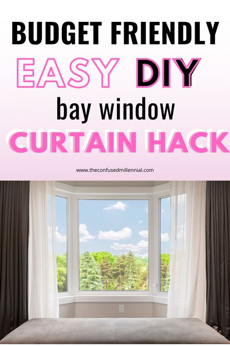 Easy DIY Budget Friendly Bay Window Curtain Hanging Hack, how to make a bay window curtain rod for $10, bay window curtain idea to solve curved rod problem, ideas for the home, home decor hacks, simple way to affordably cover bay window with custom drapes Bay Window Seat Curtain Ideas, Curtains For A Bay Window Living Room, Sheer Curtains Bay Window, How To Hang Curtains On Bay Windows, Curtain Rod For Bay Window, Curtains For Bay Window With Bench, Bay Window Painting Ideas, How To Hang Curtains On A Bay Window, Window Covering Bay Window