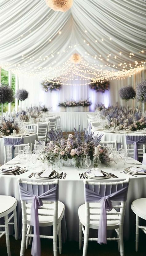 Silver And Purple Wedding Decorations, Lilac Color Wedding Theme, Black Gold Lavender Wedding, Purple White Silver Wedding, Wedding Lavander Theme, Lavender Wedding Theme Decor, Lavender Wedding Decoration, Lavender Gold Wedding Theme, Lavender And Sage Wedding Theme