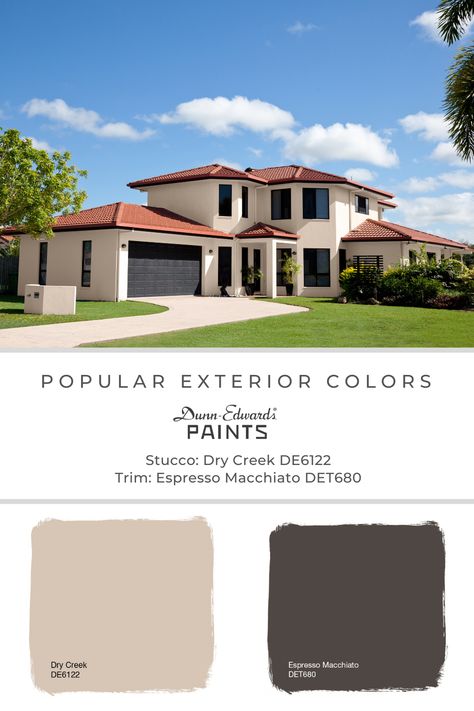 #Exteriorcolroscheme #exteriorpaint #exteriorinspo #exteriorhome #exteriorcolors #myDEcolor #DunnEdwardsPaints #DEcolortrends #dunnedwards #popularcolors #designercolors #curatedcolors #espressomacchiato #det680 #drycreek #de6122 Color Schemes For The Home Exterior, Mediterranean Exterior Paint Colors, Dunn Edwards Exterior Paint Colors, Terracotta Roof House Exterior Colors, Red Roof House Colors, Terracotta Roof House, Stucco Exterior Colors, Outside House Paint Colors, Exterior Home Color Schemes