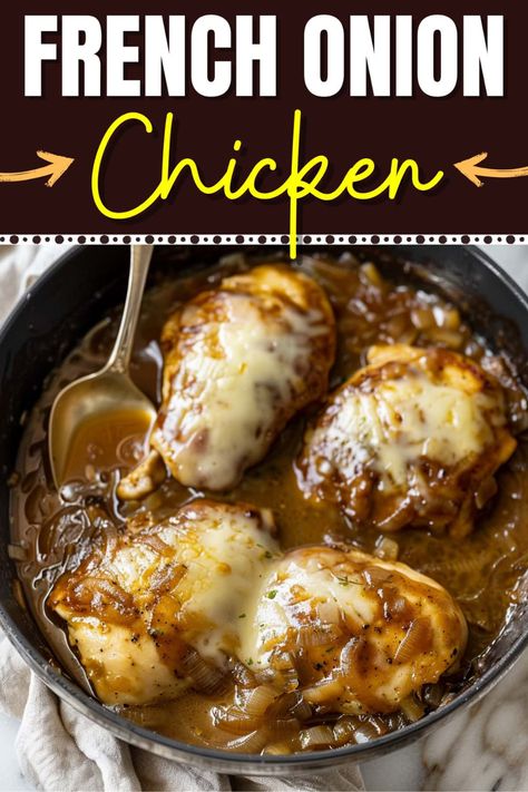 This tempting French onion chicken is the ultimate comfort food! It has all of the flavors of the classic soup in a convenient, one-skillet meal. Onion Soup Chicken Recipes, Easy French Onion Chicken, Crackpot Chicken, Chicken French, French Onion Chicken, Chicken Skillet Recipes, Mind Diet, Main Course Dishes, 2024 Recipes