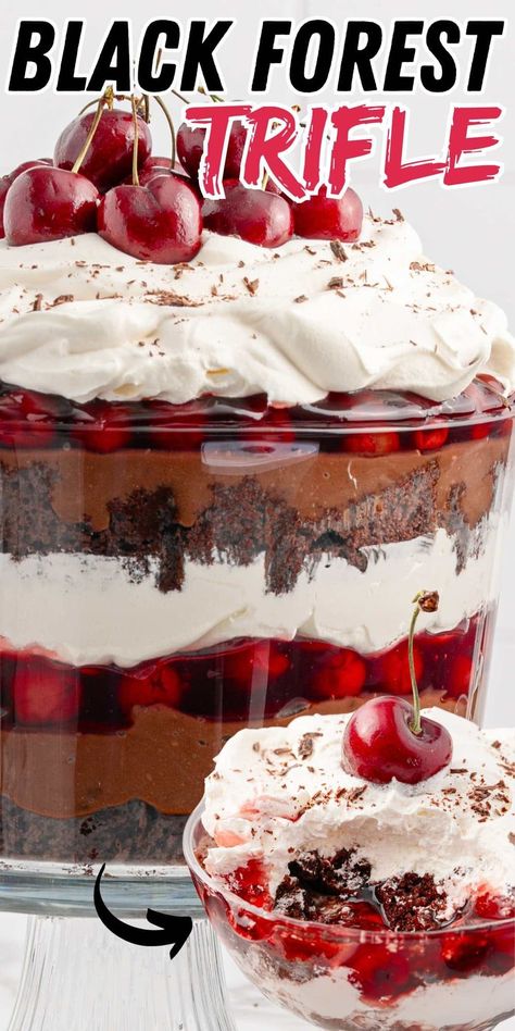 Black Forest Trifle is a twist on the traditional chocolate cherry German dessert. It’s loaded with layers of chocolate cake cubes, creamy pudding, Cool Whip, and cherry pie filling, all beautifully displayed in a glass bowl for a pretty presentation! #trifle #blackforest #chocolate #easyrecipe Cherry Trifle Recipes, Cherry Trifle Desserts, Trifle Bowl Desserts, Black Forest Trifle, Chocolate Cherry Pie, Cherry Trifle, Trifle Recipes Easy, German Dessert, Pretty Presentation