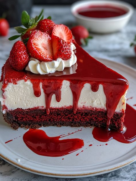 Red Velvet Cheesecake
 
🍚 𝗜𝗻𝗴𝗿𝗲𝗱𝗶𝗲𝗻𝘁𝘀 🍚
Red Velvet Cake:
1 1/2 cups all-purpose flour 🍚
1 cup sugar 🍬
1/2 cup unsalted butter, softened 🧈
2 eggs 🥚
2 tbsp cocoa powder 🍫
1 tsp vanilla extract 🍦
1/2 cup buttermilk 🥛
1 tsp red food coloring ❤️
Cheesecake Layer:
16 oz cream cheese, softened 🧀
1/2 cup sugar 🍚
2 eggs 🥚
1 tsp vanilla extract 🍦
Topping:
1 cup strawberries 🍓
1/4 cup strawberry sauce 🍓 Red Velvet Dream Cake, Red Velvet Cake Christmas, Valentine Cheesecake, Christmas Red Velvet Cake, Red Velvet Oreo Cheesecake, Birthday Cake Cheesecake, Christmas Red Velvet, Cheesecake Ingredients, Strawberry Cake Filling