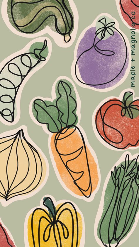 Aesthetic Nutrition Wallpaper, Veggie Background Wallpapers, Cute Fruits Wallpapers, Nutrition Aesthetic Art, Nutrition Wallpaper Backgrounds, Vegetable Design Art, Vegan Wallpaper Backgrounds, Procreate Food Illustration, Vegetable Background Wallpapers