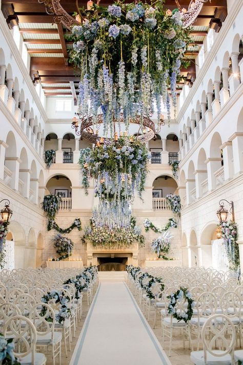 This wedding took place in the Sea Island Cloister Resort’s lobby, which was hard to imagine, but Todd and Marcy created the most breathtaking ceremony. They turned the hotel into a spectacular cathedral and made an altar that was pouring over with the most stunning pale blue flowers. Tap the link for more. Dream Wedding Venues, Future Wedding Plans, Sea Island, Desi Wedding, Salou, Black Tie Wedding, Wedding Goals, Indoor Wedding, Wedding Cake Designs