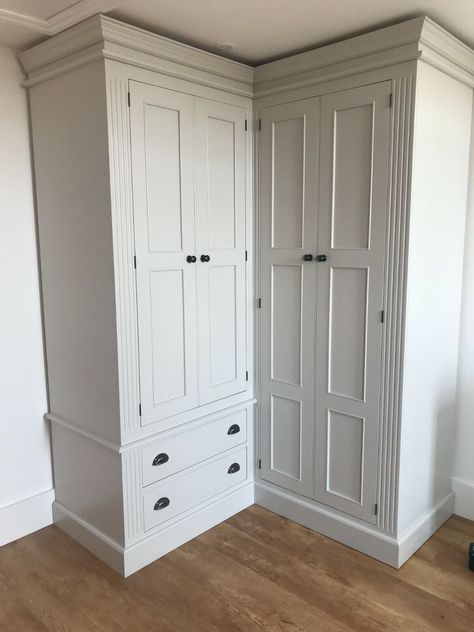 Wardrobe - Painted Corner Fluted style - 4 doors and 2 drawers | eBay Bedroom Corner Cupboard, Corner Fitted Wardrobes Bedroom, L Shape Corner Wardrobe, L Shape Wardrobe Design, Corner Wardrobe Dimensions, Single Door Corner Wardrobe, Single Wardrobe, Corner Wardrobe, Loft Storage