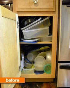 Plastic Container Storage Ideas, Storing Tupperware Ideas, Travel Trailer Organization Ideas, Trailer Organization Ideas, Organize Food Storage Containers, Organize Food Storage, Organize Plastic Containers, Calm The Chaos, Pyrex Containers