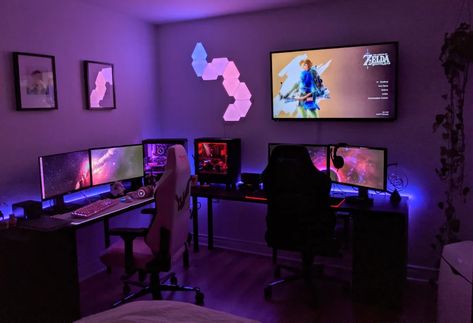 Couple Gaming Setup Small Room, Gamer Couple Bedroom, Gaming Set Up For Couples, Small Couple Gaming Room, Couple Set Up Gamer, Couple Gaming Bedroom, Couple Gaming Setup Aesthetic, Two Pc Setup, Gamer Room For Couples