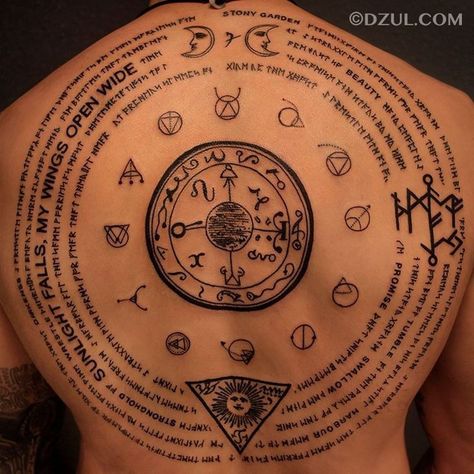 He gets it Alchemy Back Tattoo, Occult Back Tattoo, Esoteric Tattoo Ideas, Rune Back Tattoo, Crazy Back Tattoos, Alchemy Tattoo Symbols, Esoteric Tattoo Spiritual, Occult Tattoo Ideas, Runes Tattoos