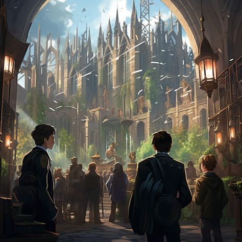 a daytime scene at hogwarts upclose on several characters from the book. It is a futuristic magic school although the characters still wear 19th century styles, but futurized Wizard School Art, Magic Academy Fantasy Art, Fantasy Academy Aesthetic, Magical School Art, Magic Boarding School, Magic School Subjects, Magical Academy Aesthetic, Wizard School Aesthetic, Dnd Magic School