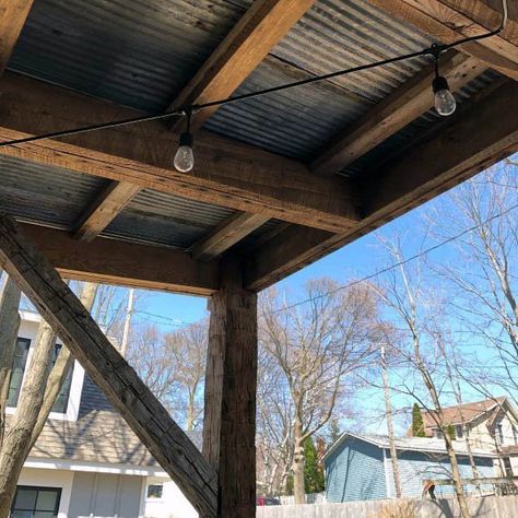 Patio Ceiling Ideas Inspiration Tin With Rustic Wood Beams Tin Roof Porch Diy Covered Patios, Outdoor Covered Patio Ceiling Ideas, Patio Cover Ceiling Ideas, Patio Ceiling Ideas Outdoor Diy, Rustic Back Porch Ideas Covered Patios, Pavilion Ceiling Ideas, Black Patio Ceiling Ideas, Outdoor Patio Ceiling Ideas Wood, Tin Porch Ceiling