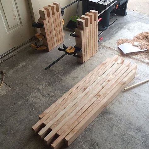 A glue up of a simple box joint 2x4 bench. Advertised as a $350 look for $35. It was just that if not cheaper. 2x4 Bench, Antique Diy, Cabinet Wood, Box Joints, Patio Bench, Into The Wood, Handmade Projects, Woodworking Workbench, Furniture Antique