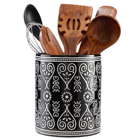 PRICES MAY VARY. SAVE VALUABLE COUNTER SPACE: No more searching for the right spatula in crowded and messy kitchen drawers; This utensil holder can store up to 20 cooking utensils like spatula, ladle and whisk, and keep them within reach LARGE AND HEAVY UTENSIL CROCK: This ceramic utensil holder measures 7 inches in height and 6 inches in diameter, larger than most similar products on the market; It is made of premium ceramics, heavy and durable, and won’t tip or topple when reaching PRACTICAL C Utensil Holder Ideas, Gothic Farmhouse, Cooking Utensil Holder, Ceramic Utensil Holder, Messy Kitchen, Utensil Storage, Kitchen Utensil Holder, Utensil Crock, Cooking Utensil