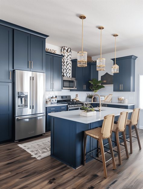 Modern Boho Kitchen Design: Navy Blue Cabinetry with Gold Accents Navy Blue Kitchen Gold Hardware, Blue Kitchen Wood Floor, Navy Boho Kitchen, Navy Blue Kitchen With Gold Hardware, Navy Blue Kitchen Cabinets With Gold Hardware, Navy Blue And White Kitchen Ideas, Neutral And Blue Kitchen, Navy Blue White Kitchen, Navy Blue And Gold Kitchen Ideas