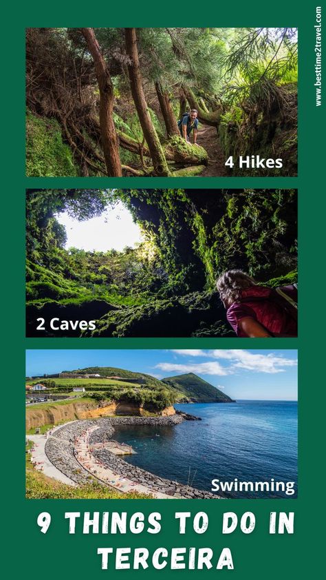 A hiker behind a tree on a narrow path covered with mosses, a woman looking up to the cone of a cave which is completely covered with plants, and a protected bay popular for swimming. Terceira Azores, The Azores, Hiking Guide, Natural Pool, Four Days, Portugal Travel, Best Hikes, Enchanted, How Many